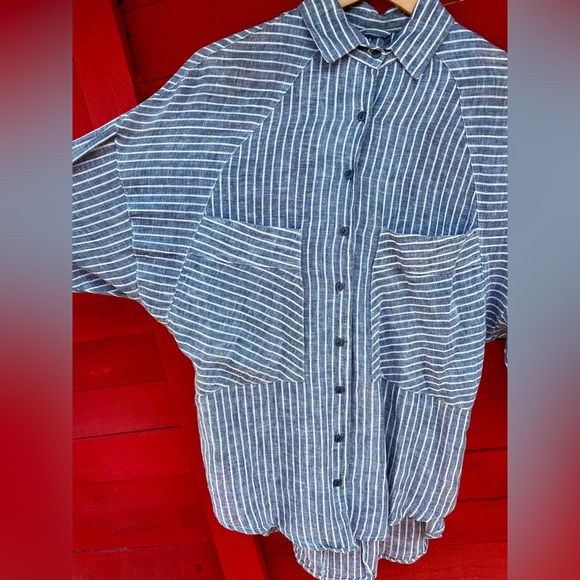 No tag linen/cotton striped button down tie back top - Picture 4 of 14